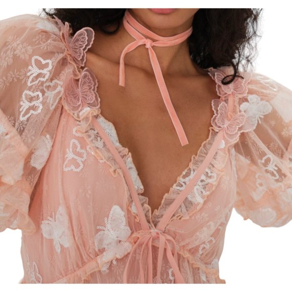 For Love and Lemons Shari Sequin Butterfly Lace Mini Dress Pink Size Large NWT - Picture 3 of 4